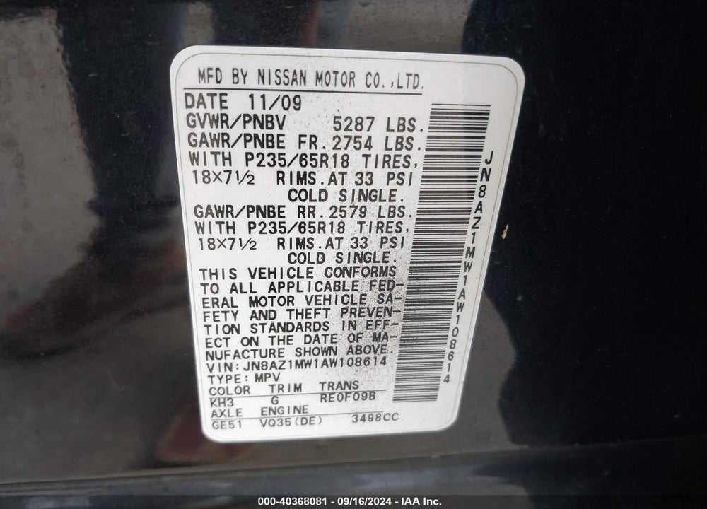 2010 NISSAN MURANO SL VIN: JN8AZ1MW1AW108614
