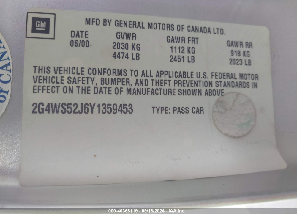 2000 BUICK CENTURY CUSTOM VIN: 2G4WS52J6Y1359453