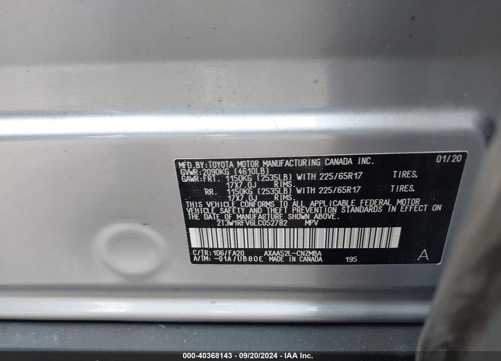 2020 TOYOTA RAV4 XLE VIN: 2T3W1RFV6LC052782