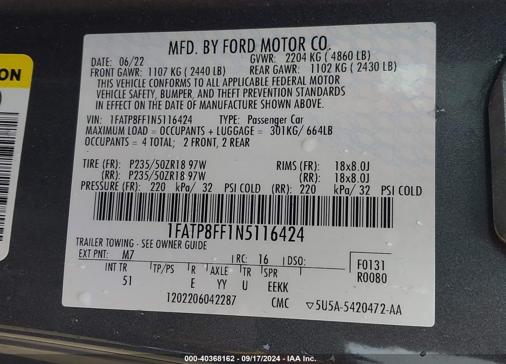 2022 FORD MUSTANG GT PREMIUM VIN: 1FATP8FF1N5116424