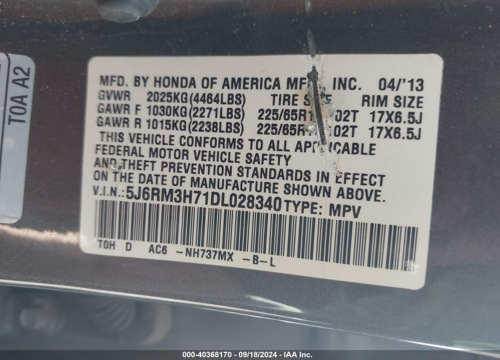 2013 HONDA CR-V EX-L VIN: 5J6RM3H71DL028340