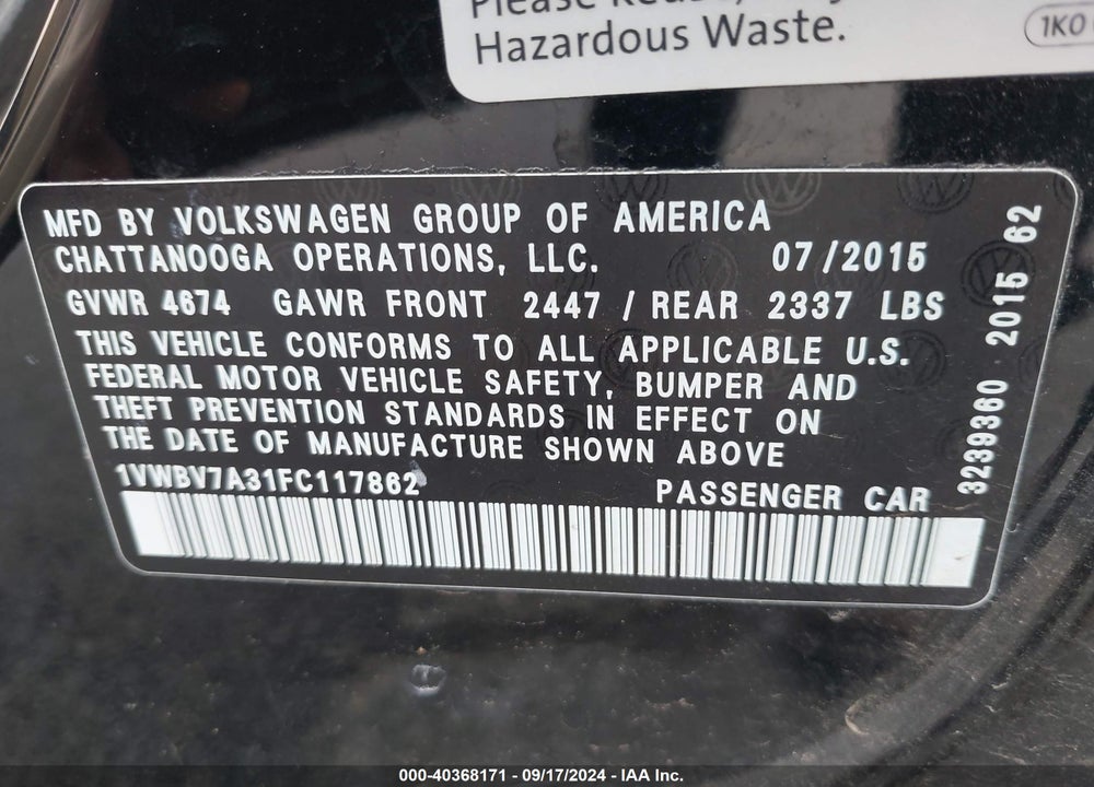 2015 VOLKSWAGEN PASSAT 2.0L TDI SE VIN: 1VWBV7A31FC117862