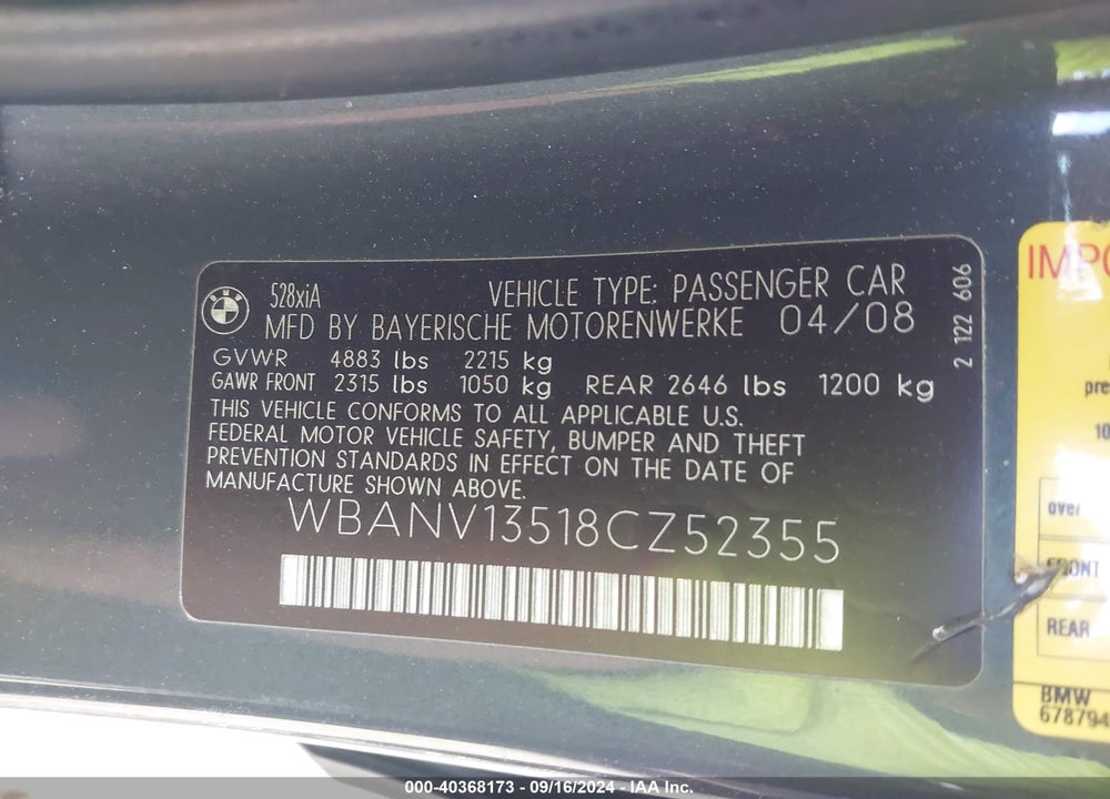 2008 BMW 528XI VIN: WBANV13518CZ52355
