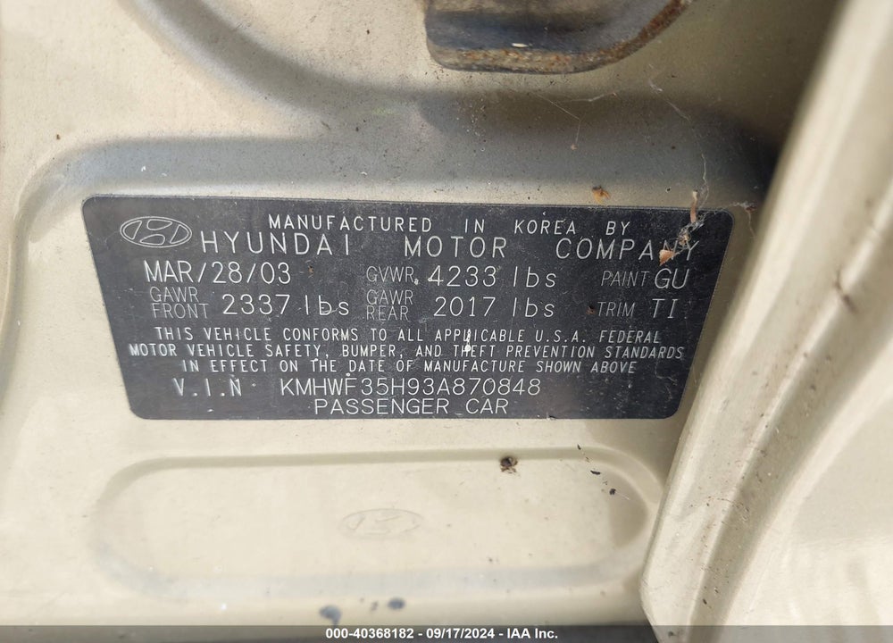 2003 HYUNDAI SONATA GLS/LX VIN: KMHWF35H93A870848