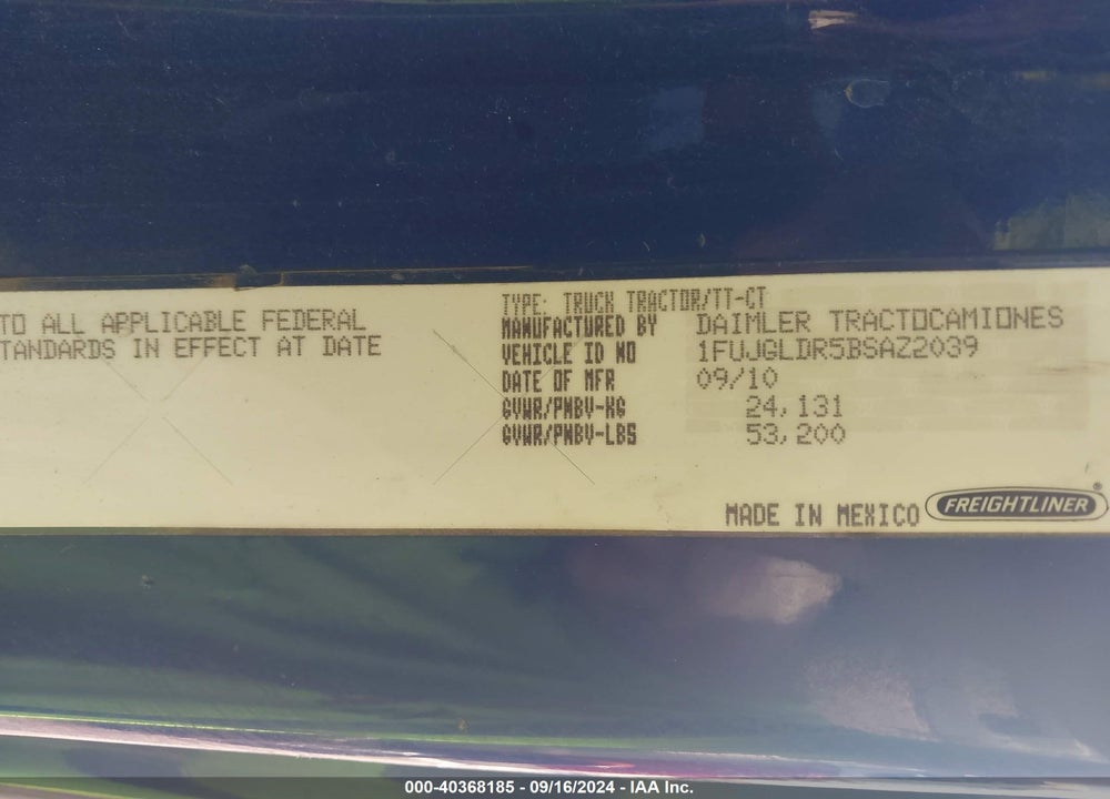 2011 FREIGHTLINER CASCADIA 125 VIN: 1FUJGLDR5BSAZ2039