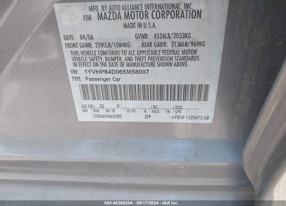2006 MAZDA 6 S SPORT VIN: 1YVHP84D065M58007