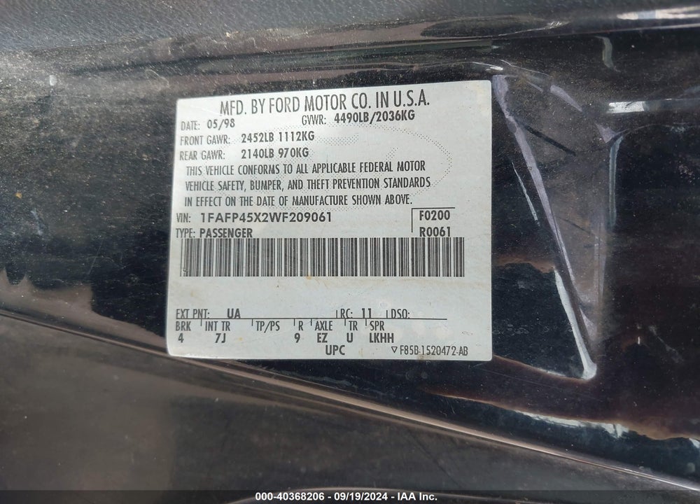 1998 FORD MUSTANG GT VIN: 1FAFP45X2WF209061