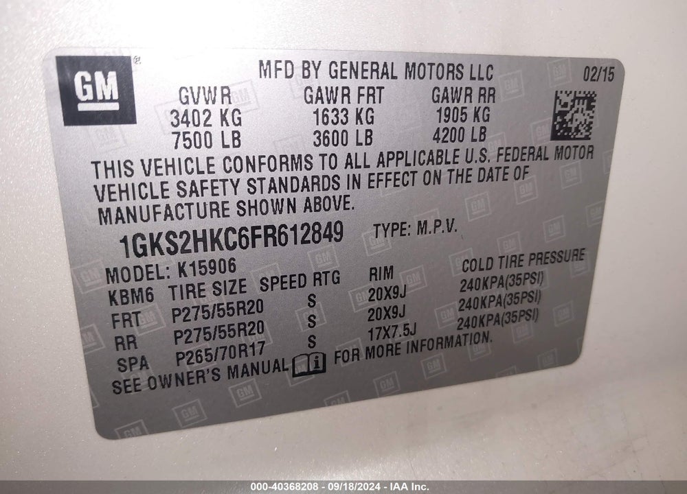 2015 GMC YUKON XL 1500 SLT VIN: 1GKS2HKC6FR612849