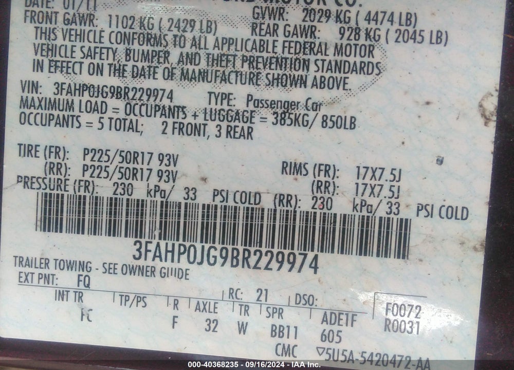 2011 FORD FUSION SEL VIN: 3FAHP0JG9BR229974
