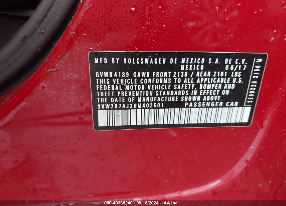 2017 VOLKSWAGEN JETTA 1.4T S VIN: 3VW2B7AJ2HM402501