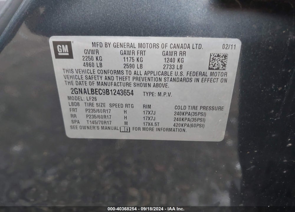 2011 CHEVROLET EQUINOX LS VIN: 2GNALBEC9B1243654
