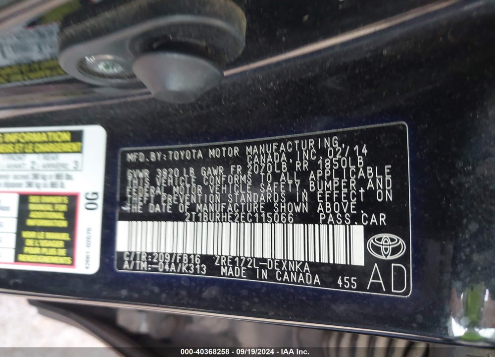 2014 TOYOTA COROLLA LE VIN: 2T1BURHE2EC115066