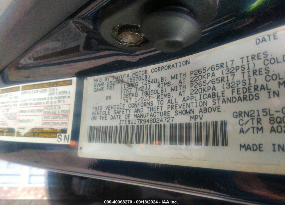 2004 TOYOTA 4RUNNER LIMITED V6 VIN: JTEBU17R948024727