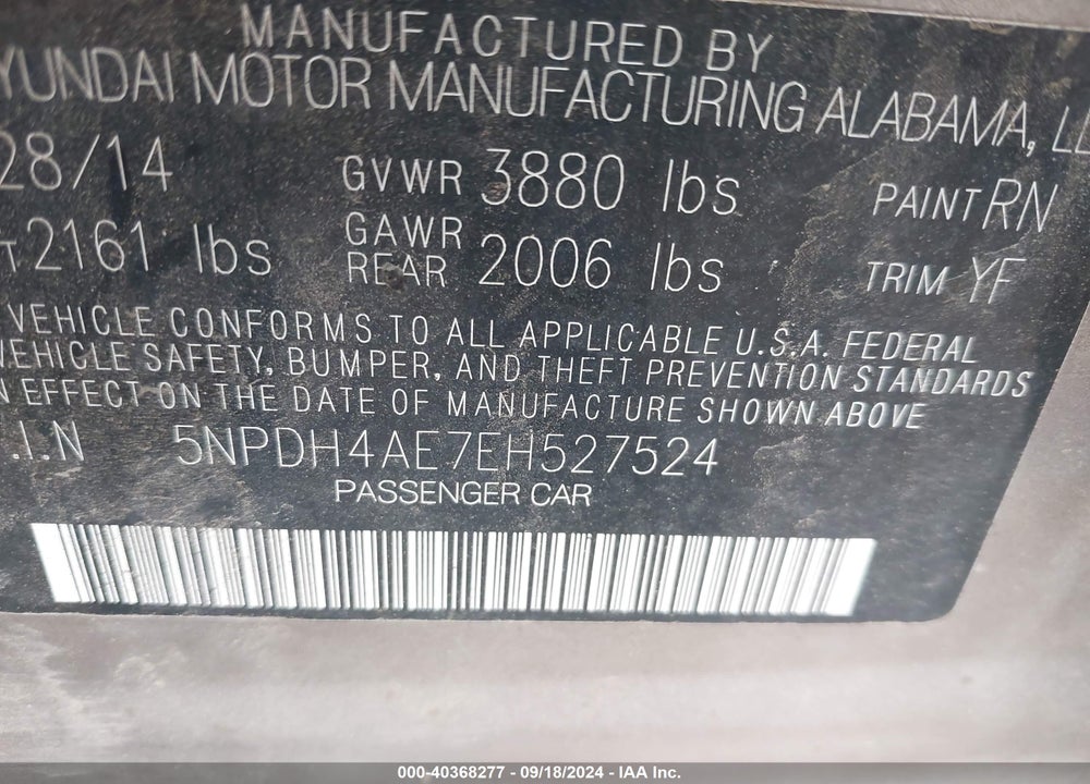 2014 HYUNDAI ELANTRA SE VIN: 5NPDH4AE7EH527524