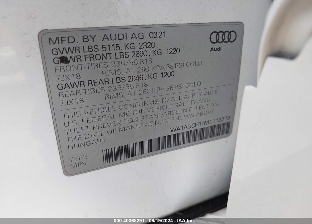 2021 AUDI Q3 PREMIUM 40 TFSI QUATTRO TIPTRONIC VIN: WA1AUCF31M1113719