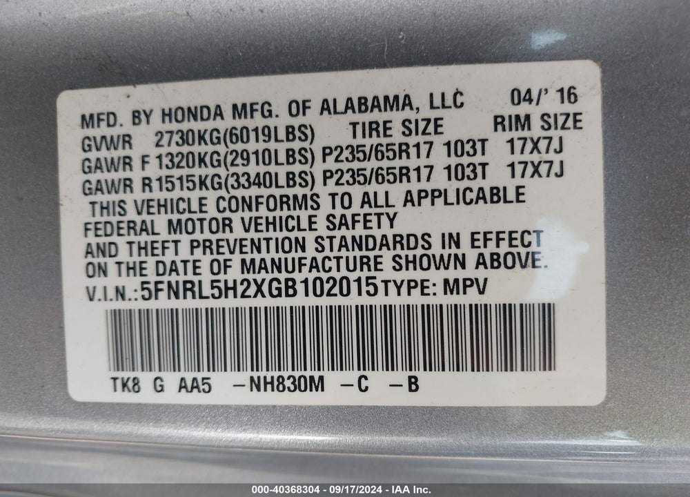 2016 HONDA ODYSSEY LX VIN: 5FNRL5H2XGB102015