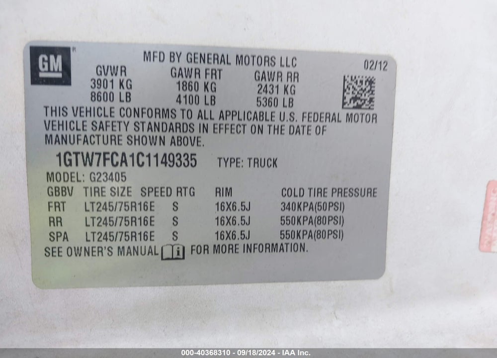 2012 GMC SAVANA 2500 WORK VAN VIN: 1GTW7FCA1C1149335