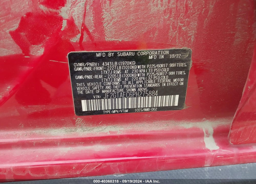 2023 SUBARU CROSSTREK PREMIUM VIN: JF2GTAEC6PH275884