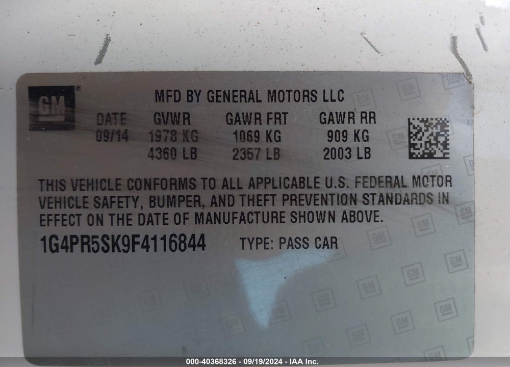 2015 BUICK VERANO CONVENIENCE GROUP VIN: 1G4PR5SK9F4116844