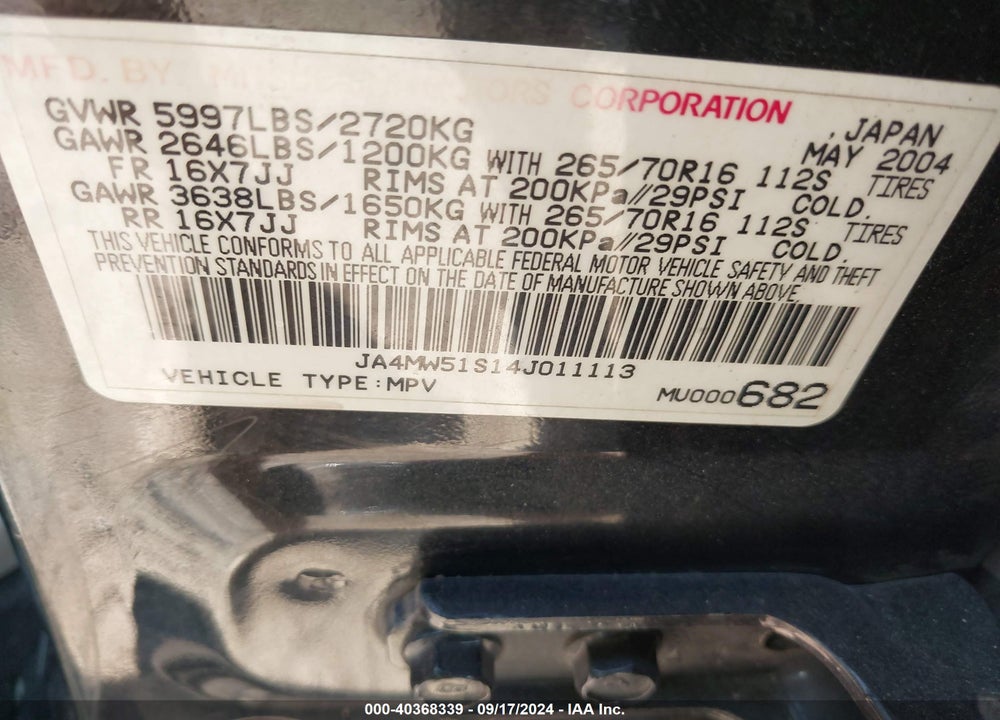 2004 MITSUBISHI MONTERO XLS VIN: JA4MW51S14J011113