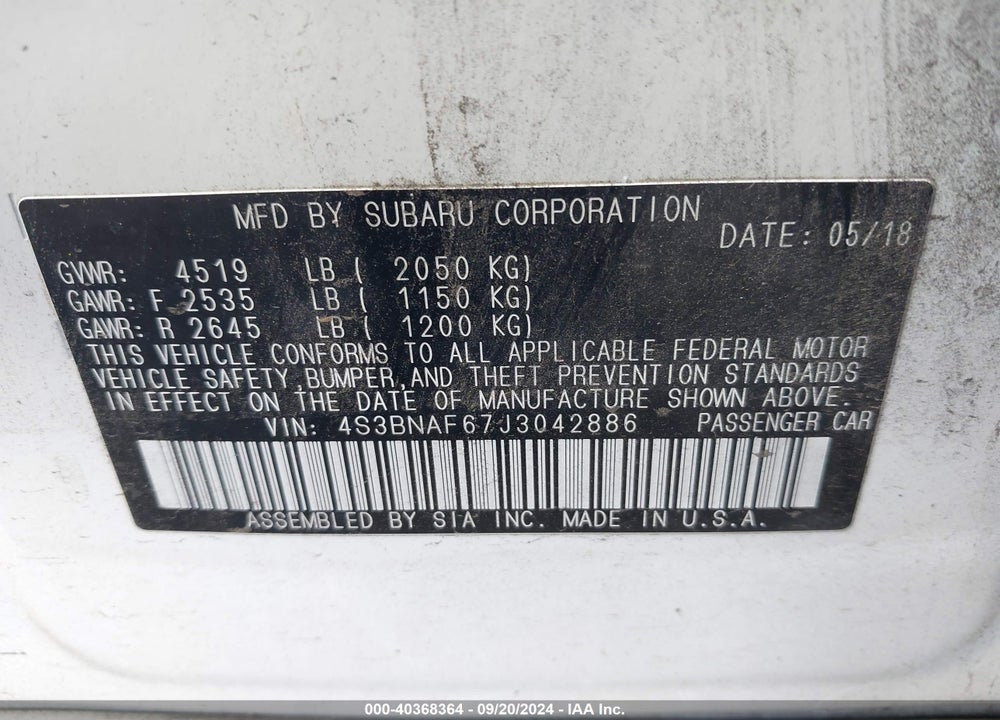 2018 SUBARU LEGACY PREMIUM VIN: 4S3BNAF67J3042886