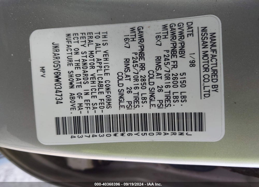 1998 INFINITI QX4 VIN: JNRAR05Y6WW034734