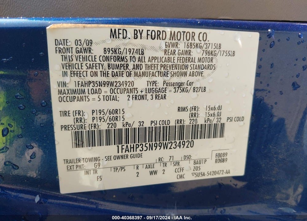 2009 FORD FOCUS VIN: 1FAHP35N99W234920