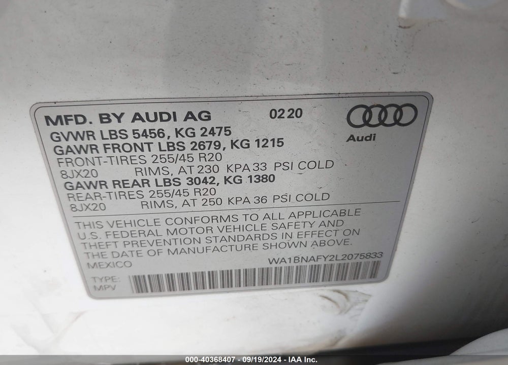 2020 AUDI Q5 PREMIUM PLUS 45 TFSI QUATTRO S TRONIC VIN: WA1BNAFY2L2075833