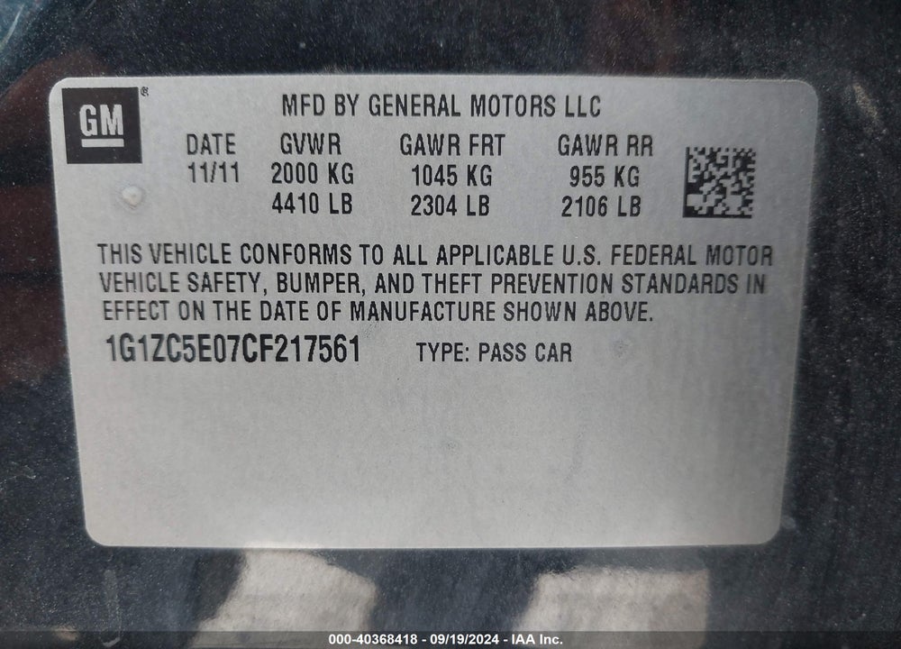 2012 CHEVROLET MALIBU 1LT VIN: 1G1ZC5E07CF217561