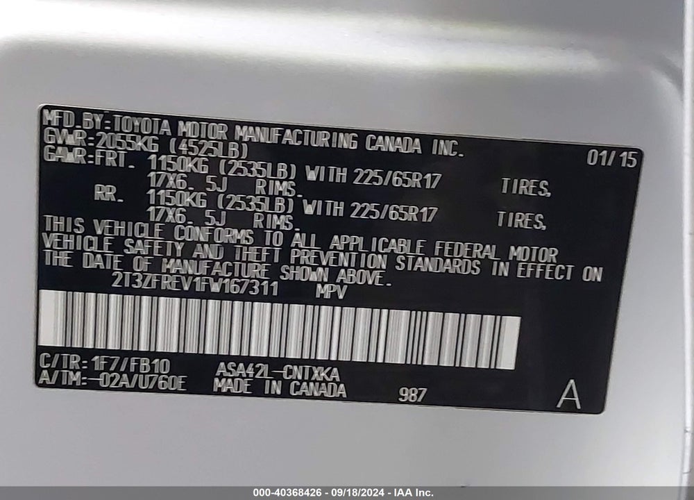 2015 TOYOTA RAV4 LE VIN: 2T3ZFREV1FW167311