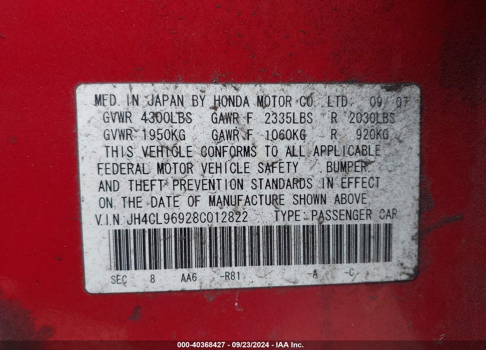 2008 ACURA TSX VIN: JH4CL96928C012822