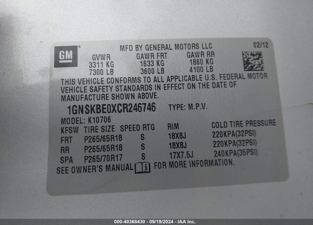 2012 CHEVROLET TAHOE LT VIN: 1GNSKBE0XCR246746