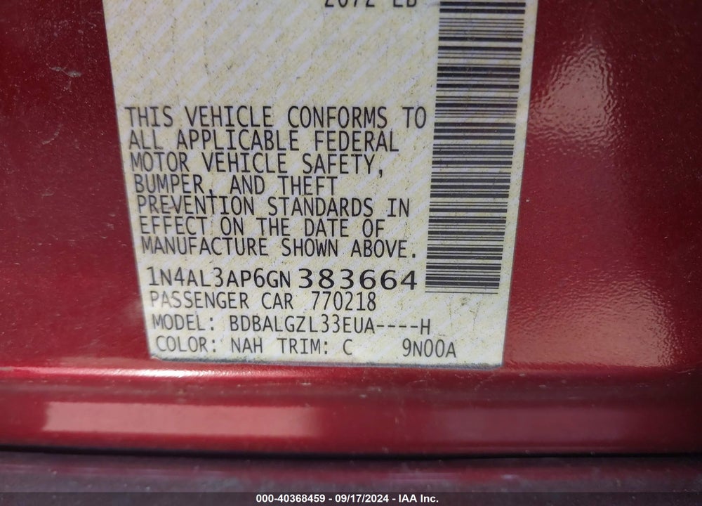 2016 NISSAN ALTIMA 2.5 S VIN: 1N4AL3AP6GN383664