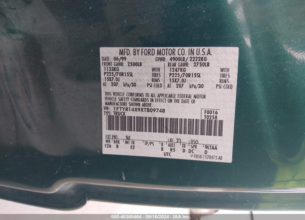 1999 FORD RANGER XLT VIN: 1FTYR14X9XTB09748