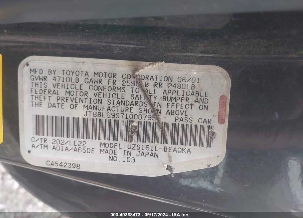 2001 LEXUS GS 430 VIN: JT8BL69S710007955