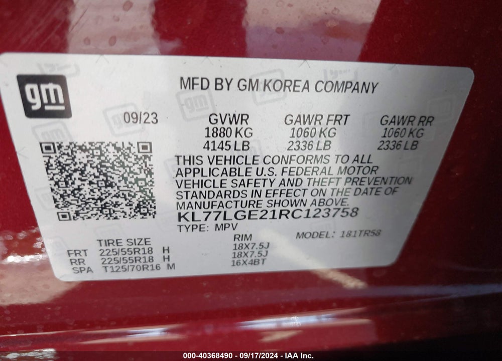 2024 CHEVROLET TRAX FWD 1RS VIN: KL77LGE21RC123758
