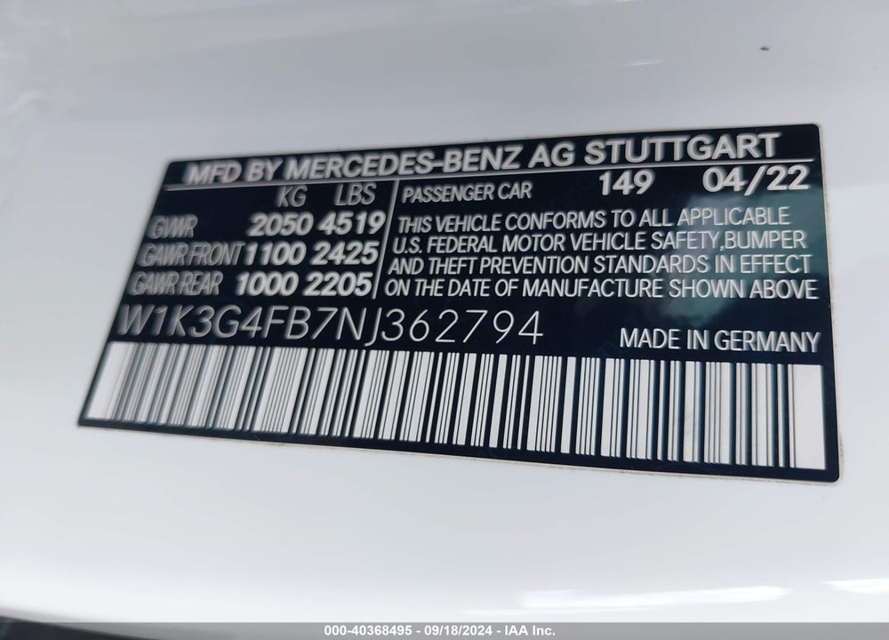 2022 MERCEDES-BENZ A 220 4MATIC VIN: W1K3G4FB7NJ362794