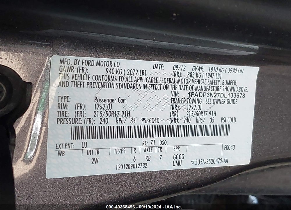 2013 FORD FOCUS TITANIUM VIN: 1FADP3N27DL133678