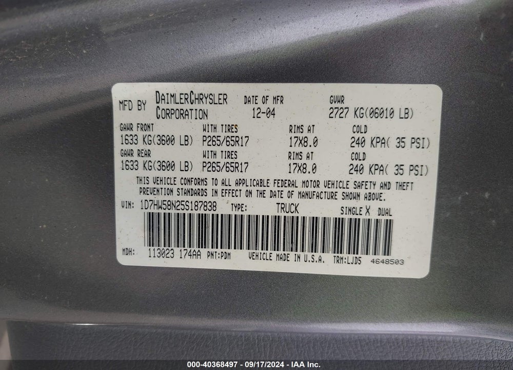 2005 DODGE DAKOTA LARAMIE VIN: 1D7HW58N25S187838
