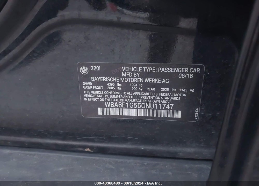 2016 BMW 320I VIN: WBA8E1G56GNU11747