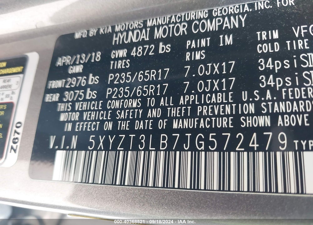 2018 HYUNDAI SANTA FE SPORT 2.4L VIN: 5XYZT3LB7JG572479
