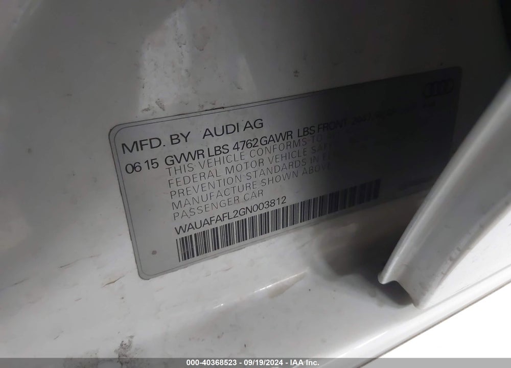 2016 AUDI A4 2.0T PREMIUM VIN: WAUAFAFL2GN003812