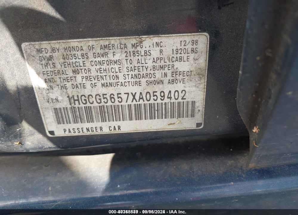1999 HONDA ACCORD EX VIN: 1HGCG5657XA059402
