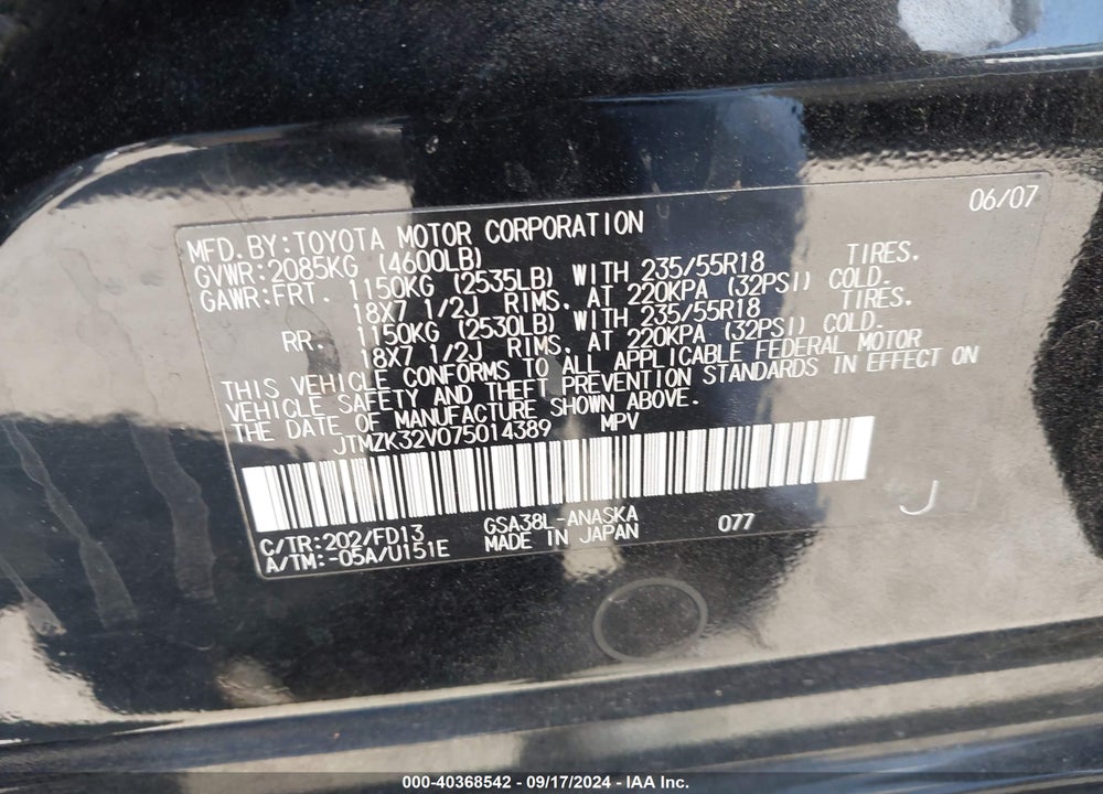 2007 TOYOTA RAV4 SPORT V6 VIN: JTMZK32V075014389