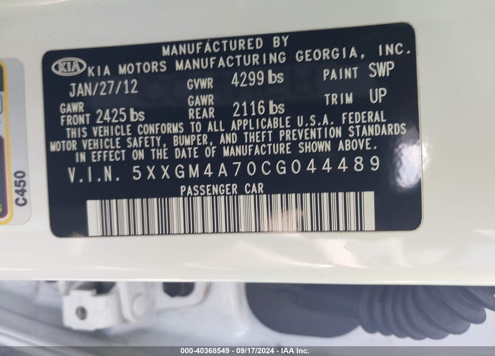 2012 KIA OPTIMA LX VIN: 5XXGM4A70CG044489