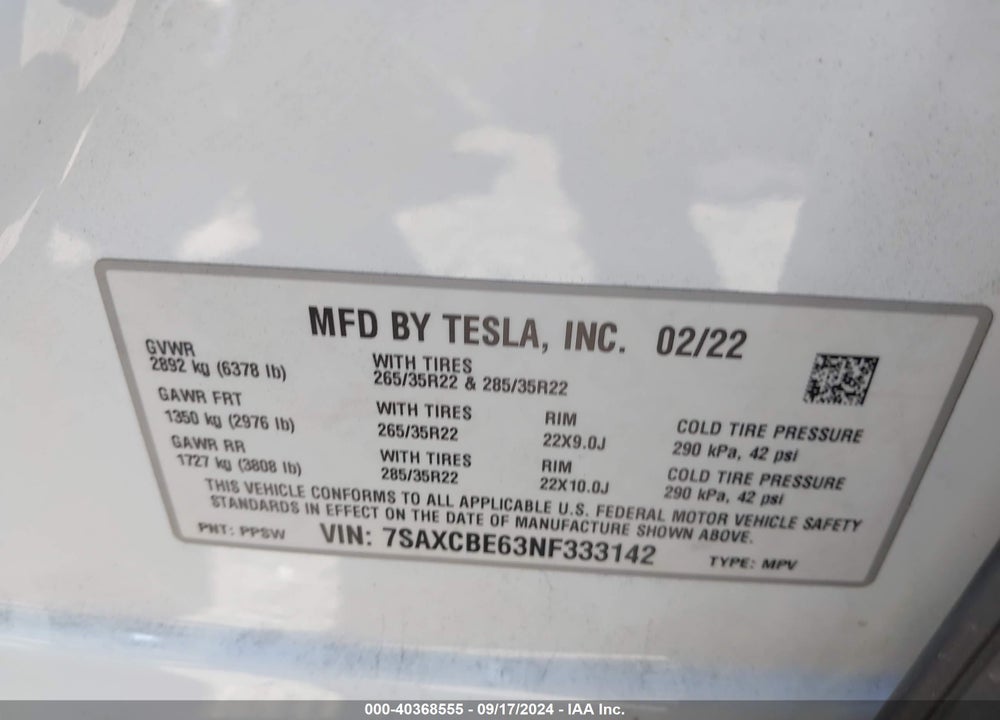 2022 TESLA MODEL X PLAID TRI MOTOR ALL-WHEEL DRIVE VIN: 7SAXCBE63NF333142