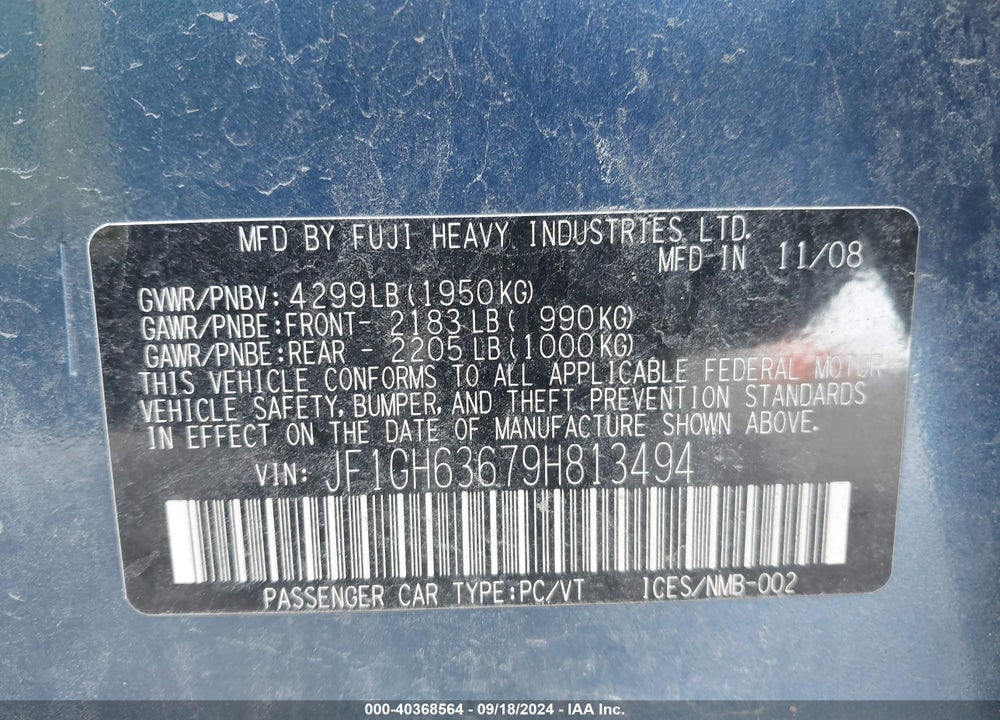 2009 SUBARU IMPREZA OUTBACK SPORT VIN: JF1GH63679H813494