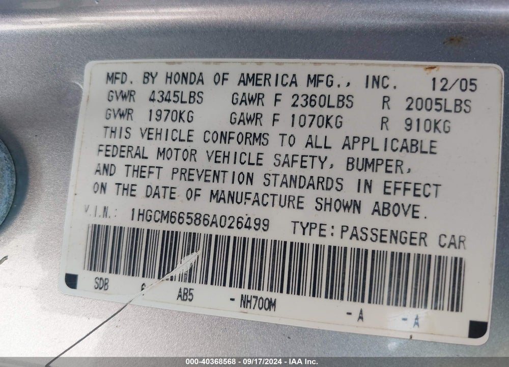 2006 HONDA ACCORD 3.0 EX VIN: 1HGCM66586A026499