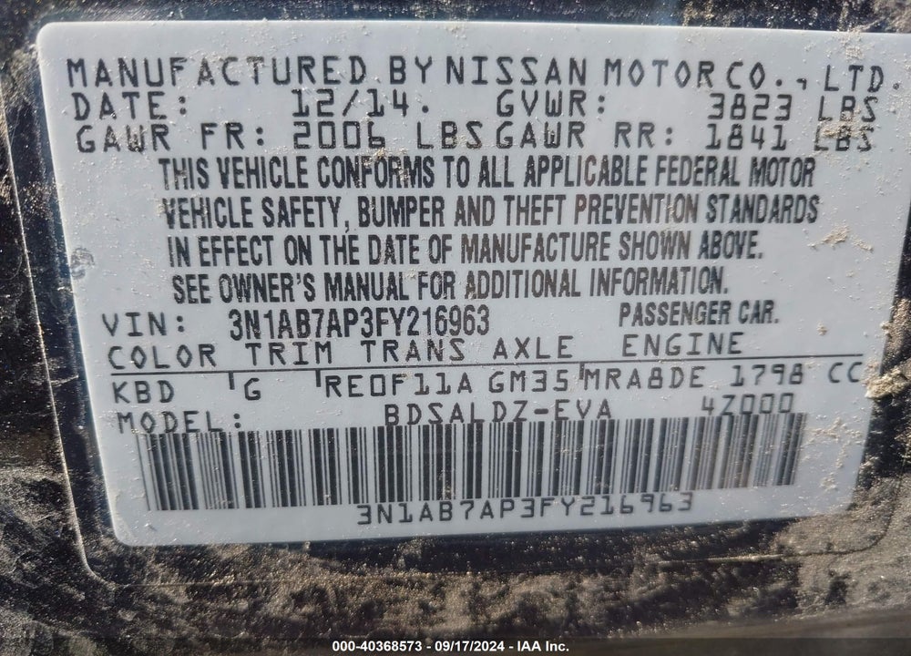 2015 NISSAN SENTRA SV VIN: 3N1AB7AP3FY216963