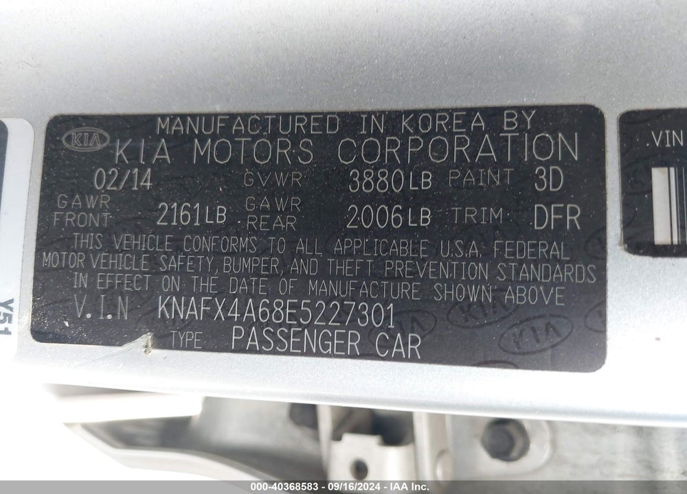2014 KIA FORTE LX VIN: KNAFX4A68E5227301